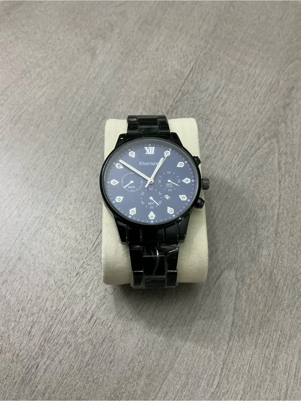 Khorasan Unisex Analog Quartz Watch Black Dial Black Metal Bracelet Roman